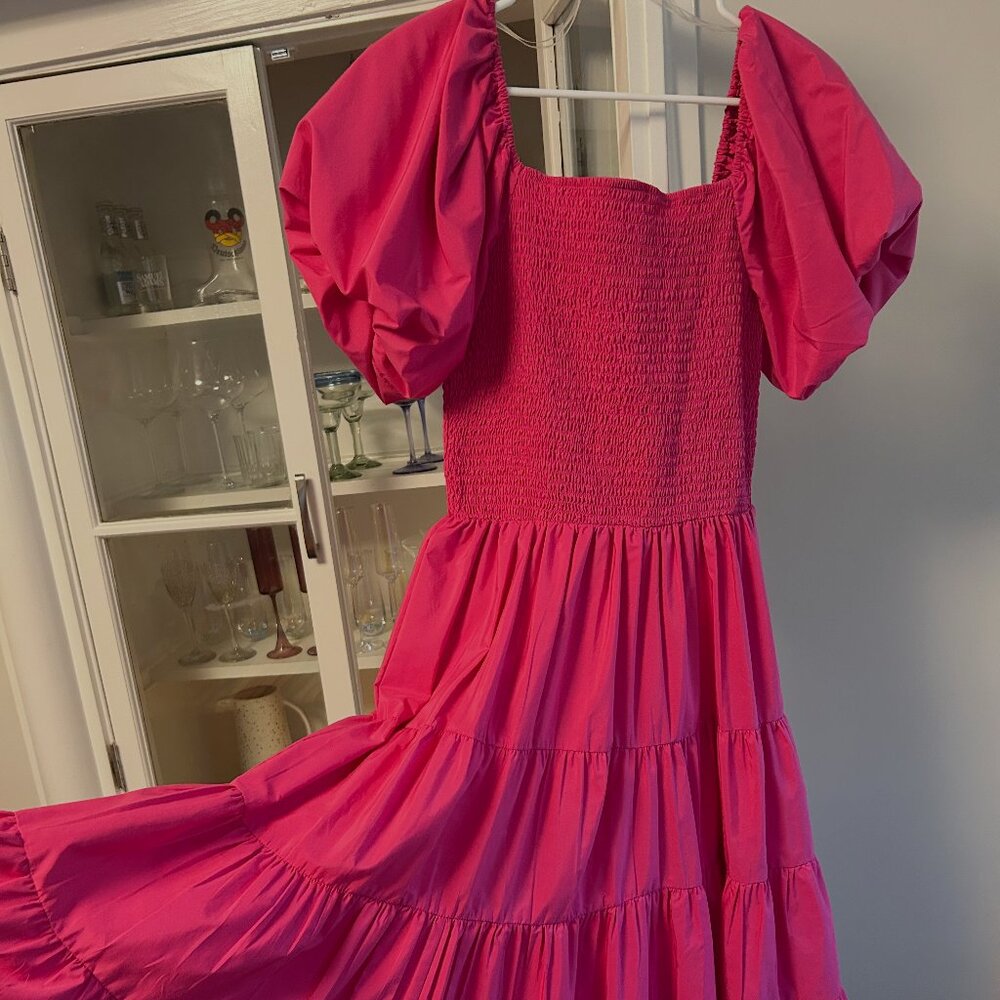 Wishing Waves Square Neck Puff Sleeve Ruffle Hem Dress in Hot Pink